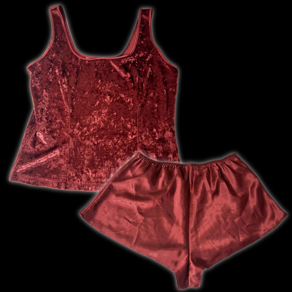Victoria's Secret Large Velvet Red Satin Pajama Set, Tank Top & Shorts